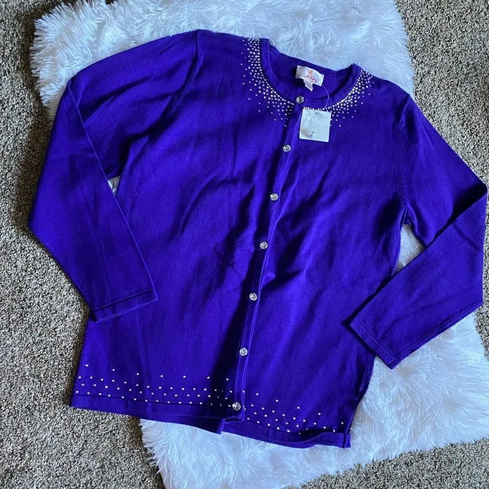 Quacker Factory Purple Rhinestone Button Front Sweater NEW Size Small‎